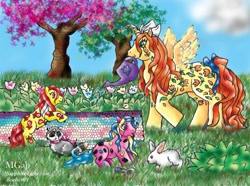 Size: 650x483 | Tagged: safe, artist:sapphire-light, oc, alicorn, pony, rabbit, raccoon, g1, alicorn oc, baby licorice, baby lollipop, garden, gardening, twice as fancy ponies