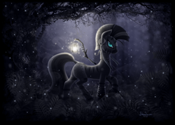 Size: 3500x2489 | Tagged: safe, artist:shaadorian, zecora, zebra, dark, forest, glowing eyes, lantern, neo noir, night, partial color, solo