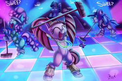 Size: 3000x2002 | Tagged: safe, artist:discorded, azure velour, flashdancer, pacific glow, twilight sparkle, twilight sparkle (alicorn), alicorn, pony, the saddle row review, armpits, belly button, bipedal, broom, clothes, club pony party palace, dance floor, eyes closed, female, group, hoof hold, mare, meme, mouth hold, open mouth, pacifier, rave, rio de janeiro, scene interpretation, stomp, sweeping, sweepsweepsweep, turntable
