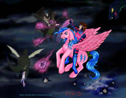 Size: 984x763 | Tagged: safe, artist:psylocke83, firefly, scorpan, dragon, human, pegasus, pony, g1, rescue at midnight castle, card, crossover, female, gambit, humans riding ponies, magic, mare, riding, stratadon, stratodon, x-men