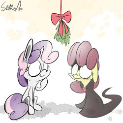 Size: 1200x1200 | Tagged: safe, artist:slitherpon, apple bloom, sweetie belle, ghost, blushing, mistleholly, mistletoe, moody mark crusaders