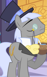 Size: 433x704 | Tagged: safe, screencap, caesar, earth pony, pony, the best night ever, background pony, cropped, cup, eyes closed, hat, male, monocle, solo, stallion, top hat