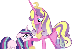 Size: 900x620 | Tagged: safe, artist:archerinblue, princess skyla, oc, oc:love bloom, crying, headcanon, offspring, parent:princess cadance, parent:shining armor, parents:shiningcadance, simple background, sisters, transparent background