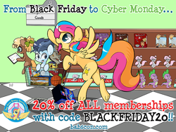 Size: 600x450 | Tagged: safe, artist:lightningnickel, discord, spike, oc, oc:copper chip, oc:cotton candy, oc:golden gates, oc:silver span, dragon, babscon, babscon mascots, black friday, cyber monday, john de lancie, promotional art, tara strong