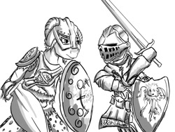 Size: 800x600 | Tagged: safe, artist:patarta frita, big macintosh, earth pony, pony, armor, crossover, dark souls, male, monochrome, skyrim, stallion, sword, the elder scrolls