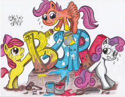 Size: 825x638 | Tagged: safe, artist:santi-dleon, apple bloom, scootaloo, sweetie belle, cutie mark crusaders, paint, paint on fur, painting, traditional art, venezuela