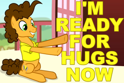 Size: 900x600 | Tagged: safe, edit, edited screencap, screencap, cheese sandwich, earth pony, pony, pinkie pride, caption, cute, hug, image macro, incoming hug, male, sitting, smiling, solo, stallion