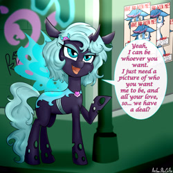 Size: 3000x3000 | Tagged: safe, artist:anibaruthecat, oc, oc only, oc:minty parfait, changeling, blue changeling, dialogue, female, filly, open mouth, prostitution, solo, speech bubble