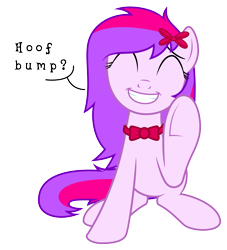 Size: 6000x6597 | Tagged: safe, artist:bobsicle0, oc, oc only, oc:silent song, absurd resolution, bowtie, cute, eyes closed, grin, hoofbump, simple background, sitting, smiling, solo, transparent background, underhoof