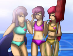 Size: 4396x3356 | Tagged: safe, artist:tyron91, apple bloom, scootaloo, sweetie belle, human, beach, cutie mark crusaders, floaty, food, humanized, ice cream, inner tube, popsicle, sea salt ice cream, umbrella