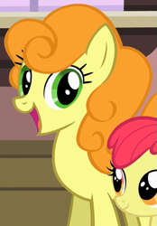 Size: 439x631 | Tagged: safe, screencap, apple bloom, carrot top, golden harvest, earth pony, pony, the last roundup, female, females only, filly, looking at you, mare, open mouth, wingding eyes