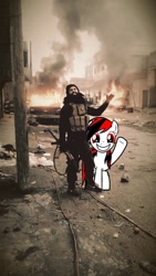 Size: 576x1024 | Tagged: safe, oc, oc only, oc:blackjack, human, civil war, fire, gun, irl, islamic state, jihad, photo, ponies in real life, red eyes, selfie, syria, syrian civil war