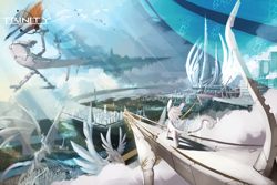 Size: 1200x800 | Tagged: safe, artist:xennos, oc, oc only, dragon, airship, alternate universe, citizen, city, detailed, fanfic art, fantasy class, future, road, scenery, trinity, trinity: rebirth