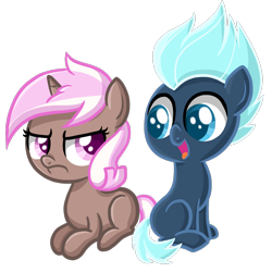 Size: 1440x1440 | Tagged: safe, artist:thecheeseburger, brown sugar, earth pony, pony, unicorn, 5-year-old, background pony, colt, duo, filly, foal, lightning flare, simple background, transparent background