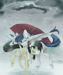 Size: 1265x1501 | Tagged: safe, artist:hamatte, oc, oc only, oc:dino, oc:nife, rain, umbrella