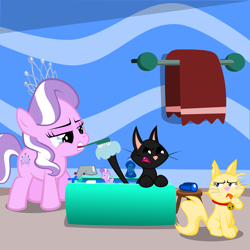 Size: 1950x1950 | Tagged: safe, artist:magerblutooth, diamond tiara, oc, oc:dazzle, oc:peal, cat, bath, rubber duck, soap, water