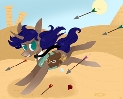 Size: 1280x1027 | Tagged: safe, artist:jellybeanbullet, oc, oc only, action pose, arrow, clothes, column, desert, gem, grin, jewelry, jumping, necktie, pyramid, ring, saddle bag, solo, sun, sweat, treasure, vest