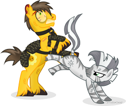 Size: 4136x3474 | Tagged: safe, artist:vector-brony, oc, oc only, oc:daff, oc:xenith, earth pony, pony, zebra, fallout equestria, bloodshot eyes, duo, eye bulging, fallout, fanfic, fanfic art, female, male, mare, simple background, solo, stallion, transparent background, zebra oc