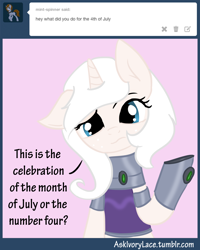 Size: 1600x2000 | Tagged: safe, artist:ivorylace, artist:katiespalace, oc, oc only, oc:ivory lace, pony, unicorn, 4th of july, ask, ask ivory lace, clothes, gloves, midriff, reference, solo, starfire, teen titans, tumblr