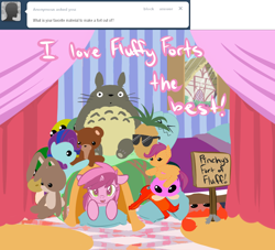 Size: 1000x908 | Tagged: safe, artist:tentacuddles, ruby pinch, scootaloo, ask, ask pinchy, crossover, plushie, totoro, tumblr