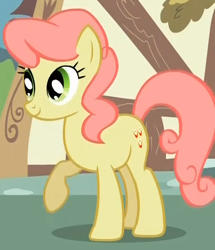 Size: 386x449 | Tagged: safe, screencap, gala appleby, earth pony, pony, green isn't your color, apple family member, background pony, cropped, female, mare, raised hoof, smiling, solo