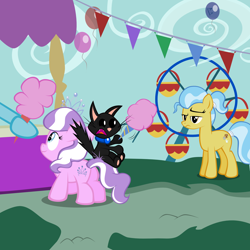 Size: 1950x1950 | Tagged: safe, artist:magerblutooth, diamond tiara, doctor fauna, oc, oc:dazzle, cat, carnival, cotton candy, ferris wheel, food