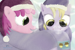 Size: 1800x1200 | Tagged: safe, artist:halflingpony, dinky hooves, ruby pinch, clothes, cold, grin, hat, mouth hold, nom, open mouth, santa hat, scarf, smiling