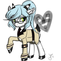 Size: 1000x1000 | Tagged: safe, artist:tentacuddles, oc, oc only, oc:stripey butts, goat, ask, ask pinchy, clothes, costume, ear fluff, kneesocks, panty and stocking with garterbelt, raised hoof, simple background, socks, solo, tumblr, white background