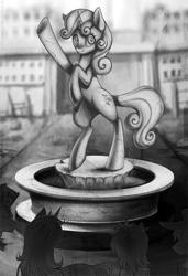 Size: 683x1000 | Tagged: safe, artist:limreiart, part of a set, sweetie belle, oc, oc:calamity, oc:littlepip, oc:steelhooves, oc:velvet remedy, pony, unicorn, fallout equestria, female, fillydelphia, grayscale, hat, horn, mare, monochrome, rearing, smiling, statue