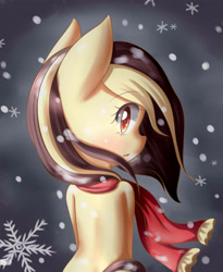 Size: 2880x3507 | Tagged: safe, artist:dyoung, oc, oc only, oc:vanilla, back, clothes, pixiv, scarf, snow, snowfall, solo