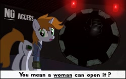 Size: 1023x637 | Tagged: safe, oc, oc only, oc:littlepip, pony, unicorn, fallout equestria, clothes, door, fanfic, fanfic art, female, hooves, horn, looking back, mare, obscure joke, open mouth, pipbuck, sexism, solo, stable, stable 2, stable door, vault suit