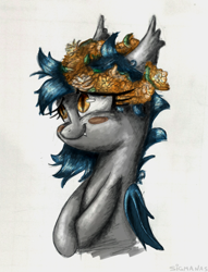 Size: 1424x1863 | Tagged: safe, artist:sigmanas, oc, oc only, oc:speck, bat pony, pony, cute, floral head wreath, flower, shy, solo, wreath, щщоки