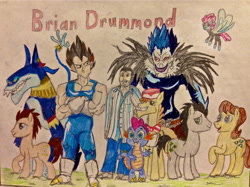 Size: 3121x2339 | Tagged: safe, artist:bravokrofski, ahuizotl, caramel, carrot cake, doctor whooves, lucky clover, master kenbroath gilspotten heathspike, seabreeze, spike, breezie, dragon, g3, brian drummond, death note, dragon ball z, g3 to g4, generation leap, ryuk, shinigami, vegeta, voice actor