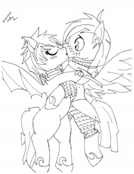 Size: 1700x2200 | Tagged: safe, artist:gamergirlist, oc, oc:cloud skipper, oc:midnight blossom, pegasus, pony, cloudblossom, kissing, monochrome, royal guard, shipping, sketch