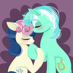 Size: 1000x1000 | Tagged: safe, artist:dragonfoxgirl, bon bon, lyra heartstrings, sweetie drops, earth pony, pony, unicorn, abstract background, eyes closed, female, holding hooves, lesbian, lyrabon, shipping, smiling