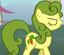 Size: 764x651 | Tagged: safe, screencap, carrot top, golden harvest, earth pony, pony, boast busters, background pony, carrot top is not amused, cropped, eyes closed, female, green hair, green mane, mare, solo, temporary hair color, unamused