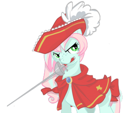 Size: 1024x939 | Tagged: safe, artist:parfywarfy, oc, oc only, oc:parfait, hat, mouth hold, musketeer, rapier, solo, sword