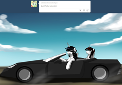 Size: 1280x903 | Tagged: safe, oc, oc only, alcohol, ask, ask-lynn-and-hikoinequestria, car, quick! to the batmobile!