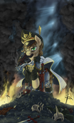 Size: 1000x1666 | Tagged: safe, artist:1jaz, oc, oc only, earth pony, pony, bolter, chainsword, clothes, commissar, crossover, dark, male, mouth hold, skull, solo, stallion, sword, warhammer (game), warhammer 40k