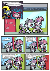 Size: 1235x1756 | Tagged: safe, artist:joeywaggoner, oc, oc only, oc:curtain call, oc:eventide flicker, oc:spotlight, comic, diane, pinkie clone, the clone that got away