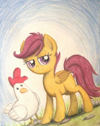 Size: 1066x1336 | Tagged: safe, artist:thefriendlyelephant, scootaloo, chicken, scootachicken, scootaloo is not amused, traditional art