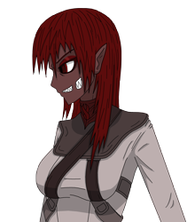 Size: 2553x3021 | Tagged: safe, artist:litnov101, oc, oc only, oc:marksaline, human, dead space, elf ears, eyeshadow, grin, humanized, humanized oc, make us whole, makeup, nicole brennan, red eyes, sharp teeth, simple background, solo, transparent background