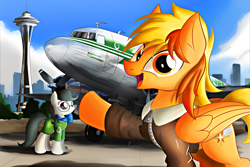 Size: 5184x3456 | Tagged: safe, artist:ruhisu, oc, oc only, oc:brave wing, oc:front page, pegasus, pony, airline, c-47, clothes, dakota, dc3, everfree northwest, female, jacket, male, mare, packground, pilot, seattle, skirt, smiling, space needle, stallion, stewardess, tower, uniform