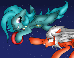 Size: 1462x1142 | Tagged: safe, artist:mytatsur, oc, oc only, ball, catch me if you can, competition, flying, night, playing, reaching