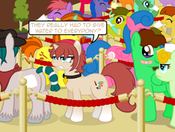 Size: 640x480 | Tagged: safe, artist:aha-mccoy, oc, oc only, oc:corel, oc:dick, pegasus, pony, unicorn, nopony-ask-mclovin, bandaid, black eye, collar, female, gradient hooves, line, male, mare, speech bubble, stallion