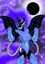 Size: 627x887 | Tagged: safe, artist:darklamprey, nightmare moon, anthro, apocalypse (x-men), breasts, crossover, eclipse, female, marvel comics, nightmare balloon, solar eclipse, solo, x-men