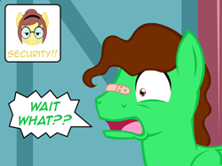 Size: 640x480 | Tagged: safe, artist:aha-mccoy, oc, oc only, oc:dick, oc:helen velnitz, pegasus, pony, nopony-ask-mclovin, bandaid, glasses, male, offscreen character, patch, scared, security, speech bubble, stallion, text