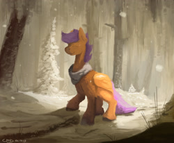 Size: 3000x2474 | Tagged: safe, artist:fuzzyfox11, scootaloo, clothes, forest, happy, scarf, snow, snowfall