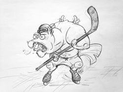 Size: 600x450 | Tagged: safe, artist:zene, bulk biceps, hockey, hockey stick, monochrome, skates, sketch, traditional art, yeah