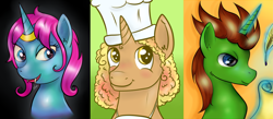 Size: 1280x559 | Tagged: safe, artist:cwossie, oc, oc only, oc:fluffinghead, oc:hexagon mane, oc:nirual, pony, unicorn, bust, portrait